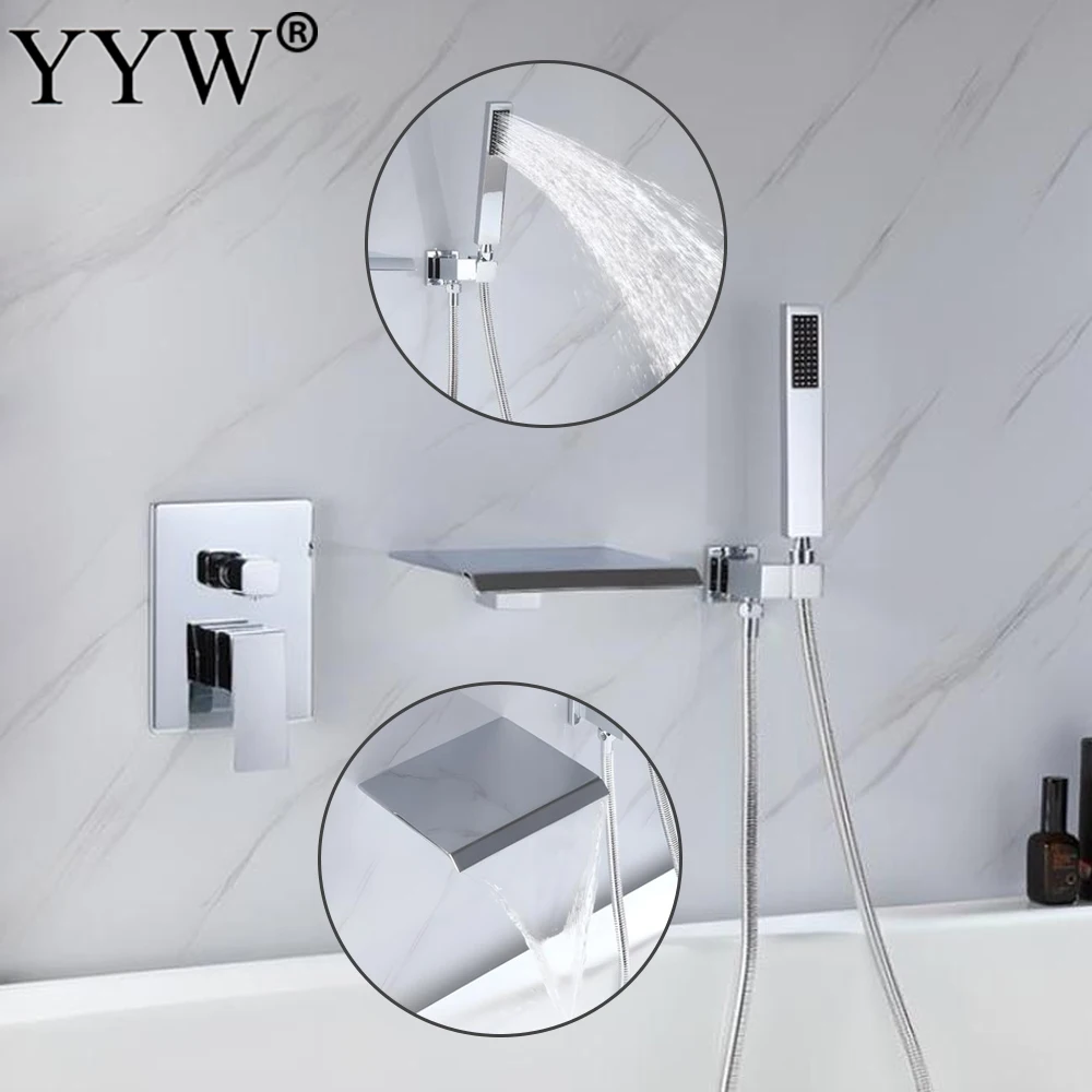 

Bathtub Faucet Set Wall Mount Shower Mixer Tap With Sprayer Hand Shower Waterfall Rotate Tub Spout Bathroom Hot&Cold Water Mixer