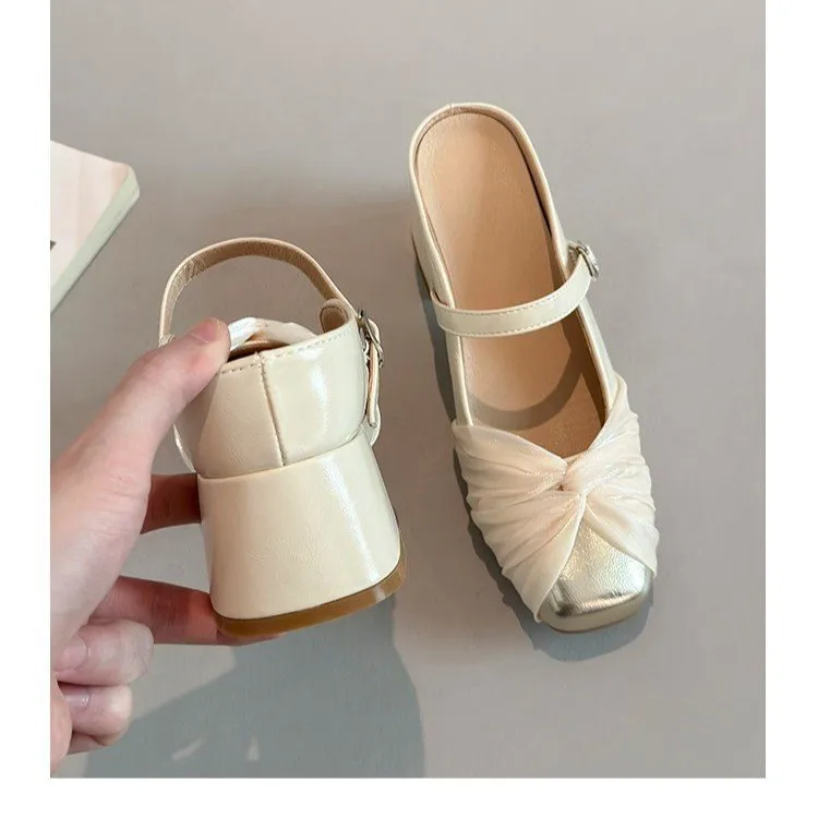 French-style Stunning Vintage Open-toe Flat Mules for Women, New Autumn Edition with Hidden Heel, Half-slip Design