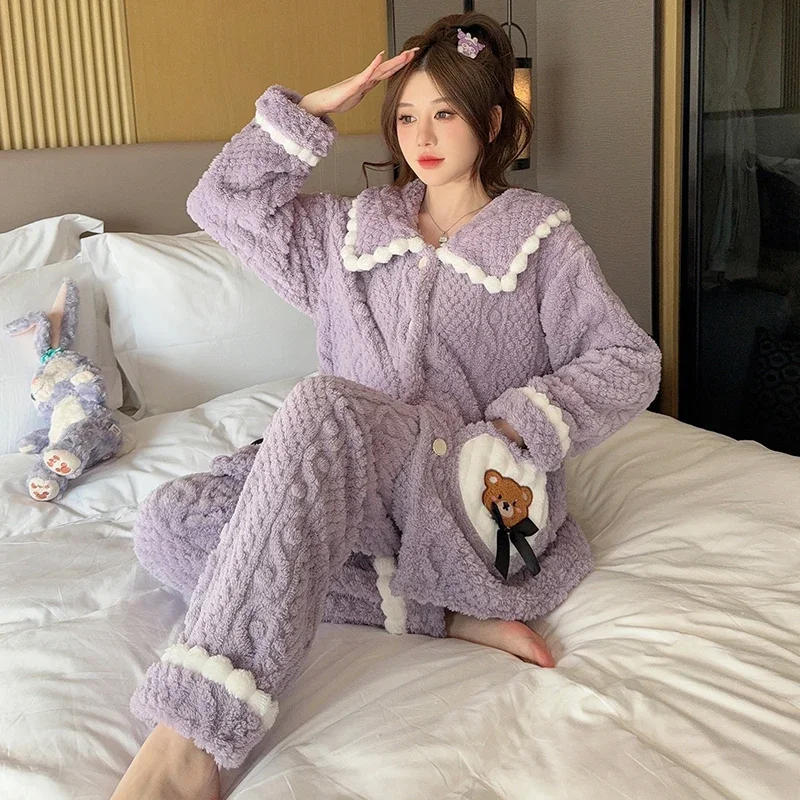 Winter Plus Velvet Thicker Pajama Sets Women Sweet Bear Embroidery Tender Warm Sleepwear Lounge College Girls All-match Home Ins