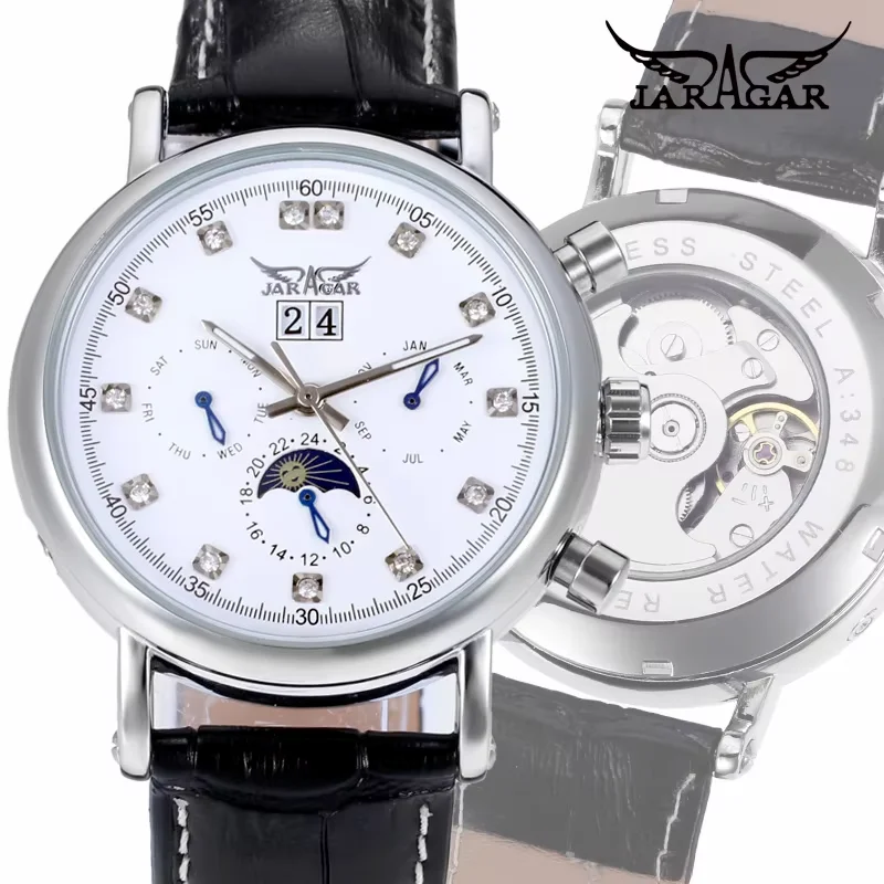 JARAGAR alloy mechanical watch Crystal scale mechanical watch Calendar week Round belt Wrist watch Men's and women's watches