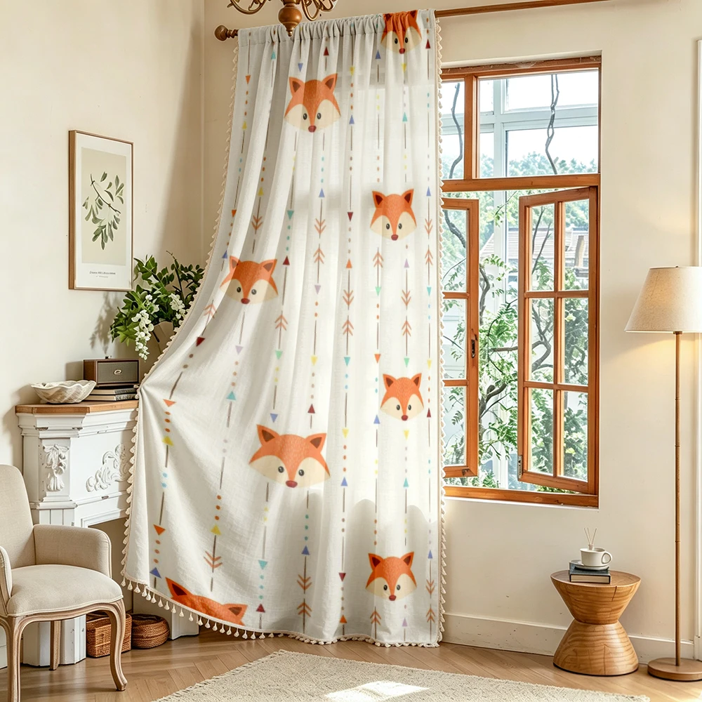 1PC Cartoon Tassel Sheer Curtains, Fox Arrow Colorful, Digital Print, Linen Polyester, Bedroom Living Room Kids, Home Decor
