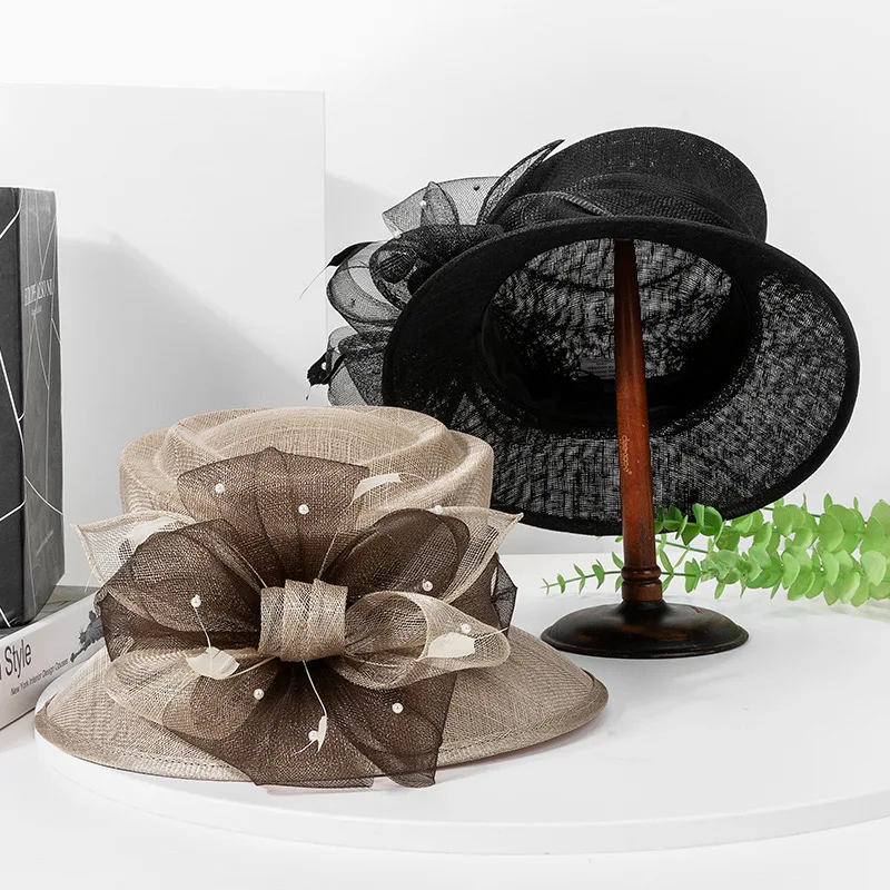أنيقة المحكمة الكتان سيناماي قبعة الزفاف للنساء السيدات الكنيسة قبعة أنيقة زهرة واسعة حافة فيدوراس كنتاكي ديربي قبعة حفلات