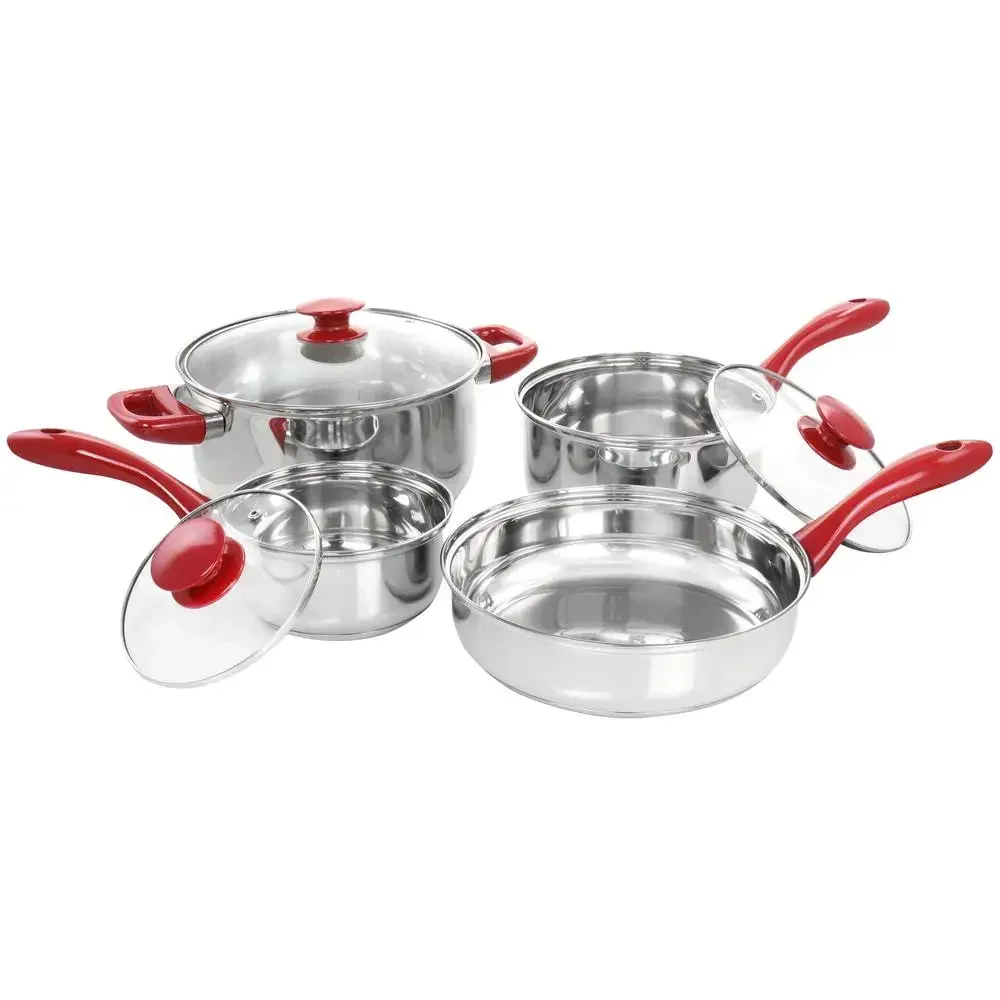 

7-Piece Stainless Steel Cookware Set with Red Handles Durable & Long-lasting Pots and Pans Dishwasher Safe Collection Crawson