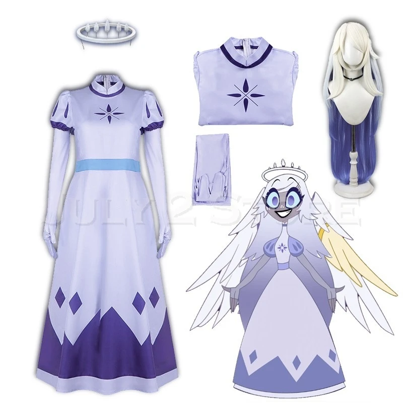 Disfraz de Navidad Hazbin2Hotel Emily, disfraz de Cosplay Seraphim Angel, Halo, vestido morado para mujer, traje de Halloween Uni