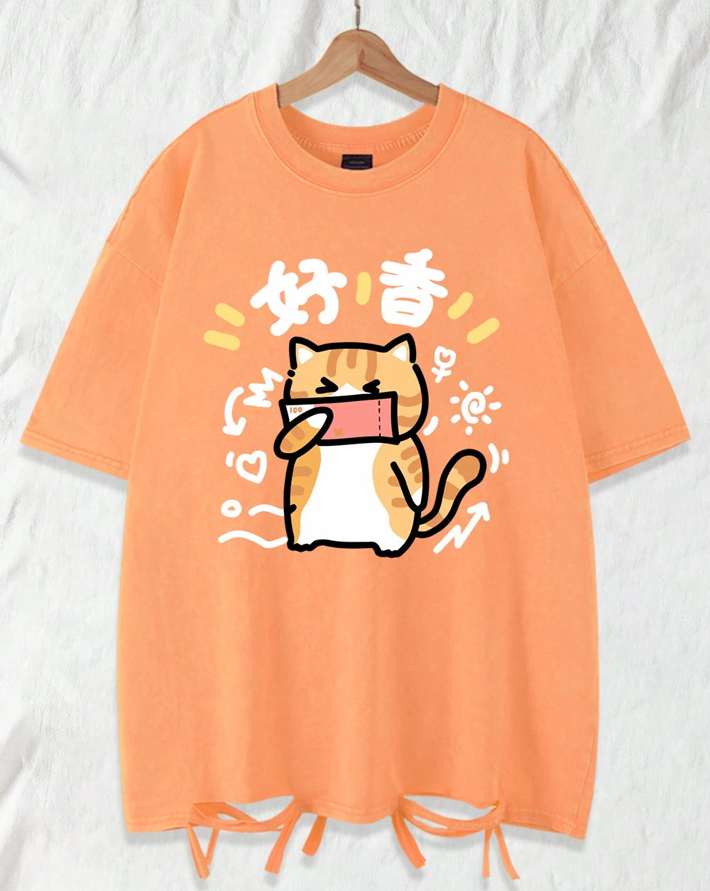 

Happy Money Holding Cat Printing Washed Holes T-Shirt Men Cotton Soft T Shirts Hip Hop Loose Clothes Multicolor Soft Top