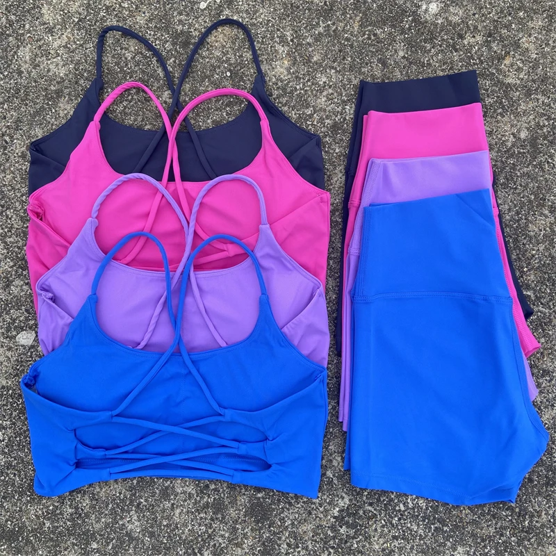 

Yoga Clothes 2 Piece Women Gym Shorts Set Fitness Sports Suit Cross Back Bra Top High Waist Shorts Running Workout Tracksuit