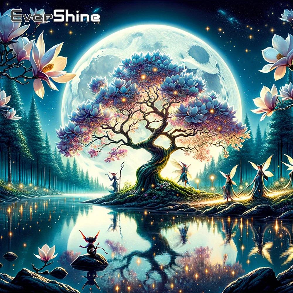 EverShine DIY Diamant-Mosaik Landschaft 5D Vollquadrat-Stickerei Baum Strass Bastelset Malerei Mond Handgemachte Geschenke
