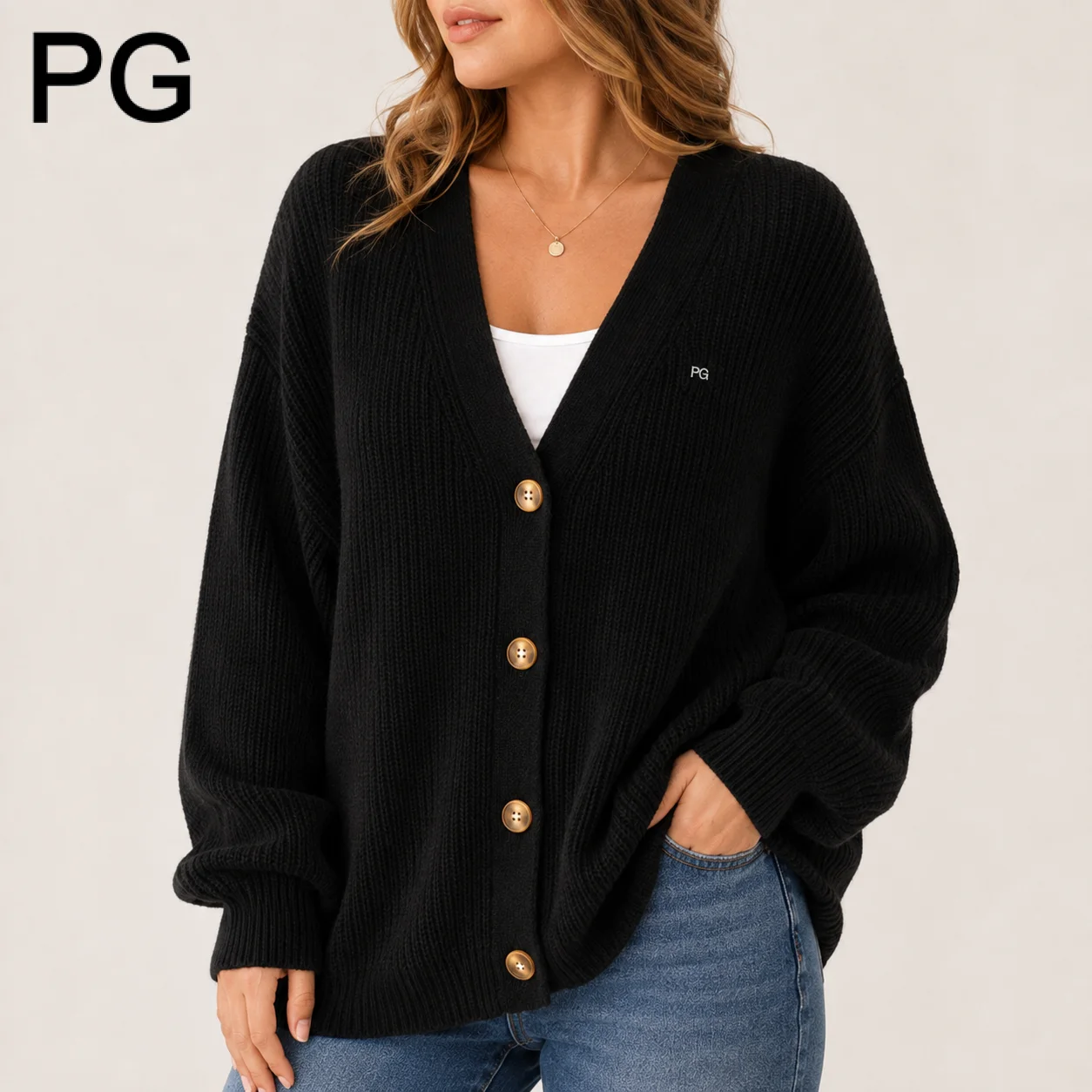PGWomen V Neck Knit Cardigan Loose Oversized Long Sleeve Sweater Coat Retro Button Embroidery Casual Fall Winter Outerwear Black