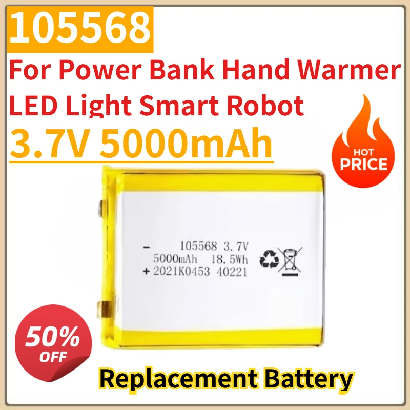 New 3.7V 5000mAh 105568 Replacement Battery for Power Bank Hand Warmer LED Light Smart Robot Rechargeable Li-polymer Batteries