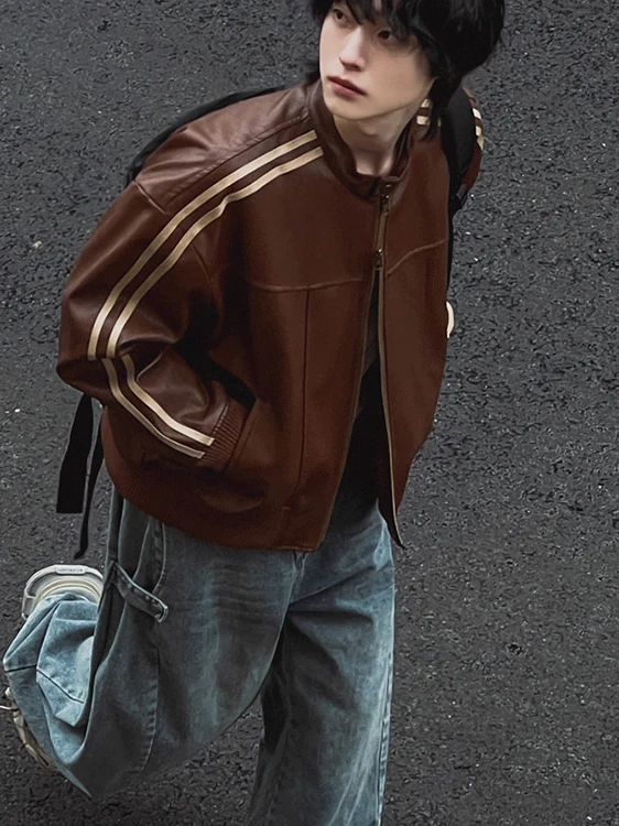 

Men's Biker Leather Jaet Loose Fit Stand Collar Long Sve Retro Sle Korean Faion Autumn Outerwear Polyester Fiber