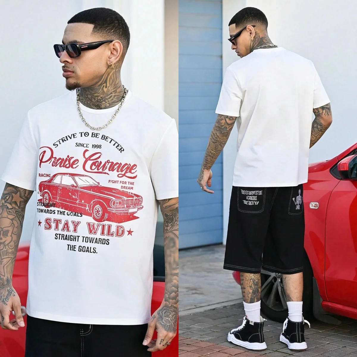 2026 New Stay Wild Retro Car Print Tshirt Men Y2K Loose Casual Short Sleeve Top