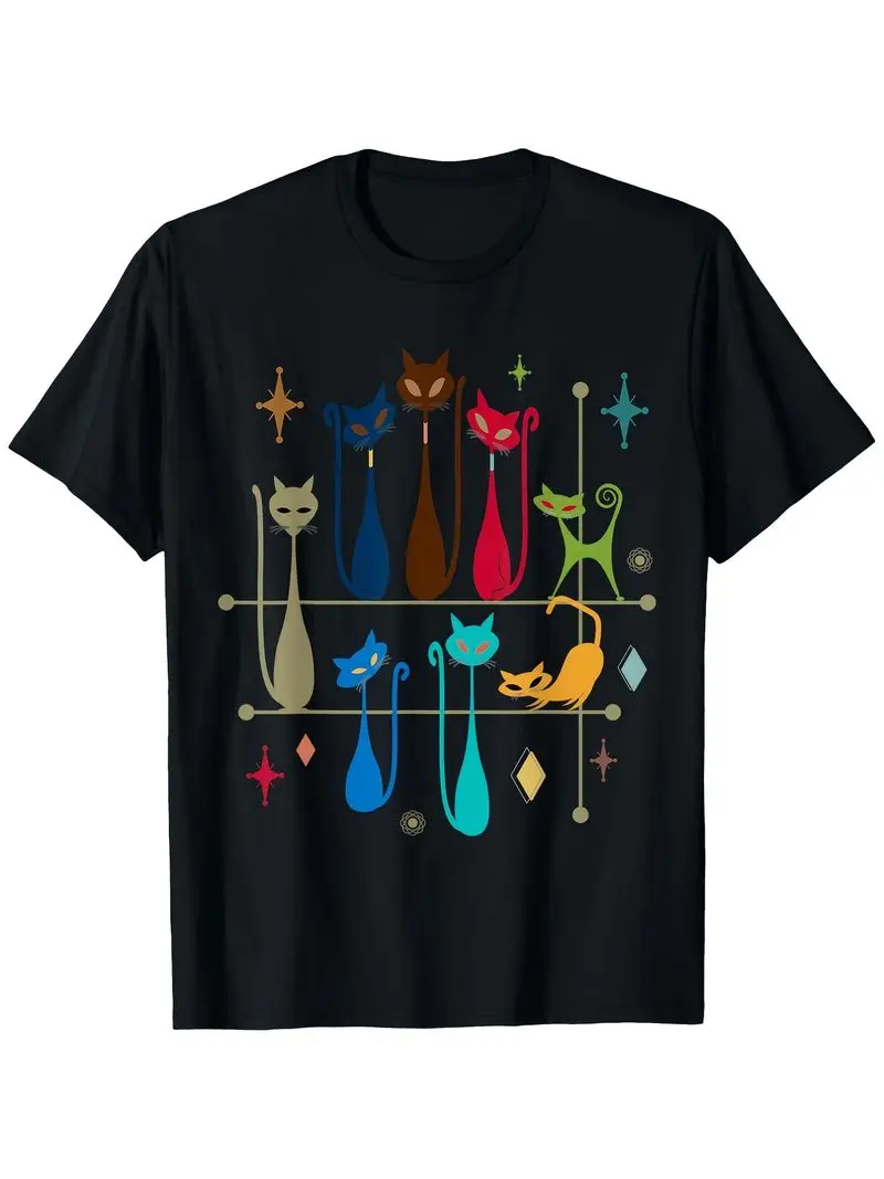 Retro Cat Graphic Tee For Both Genders, Mid-Century Modern Design, Round Collar, Short Sleeves