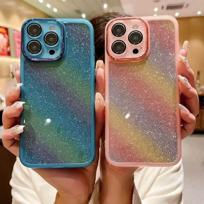 Comes With Lens Film Phone Case For IPhone 16 Pro Max 15 14 13 12 11 Xs Xr 7 8 Plus SE2/SE3 Rainbow Glitter TPU Soft Back Cover