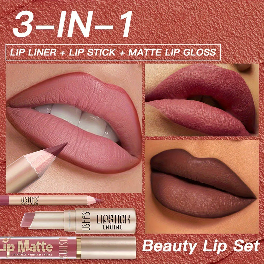 3 In 1 Fluwelen Matte Lippenstift & Lipliner & Lipgloss Set Hoog Gepigmenteerde Waterdichte Langdurige Lipstick Lippen Make-Up