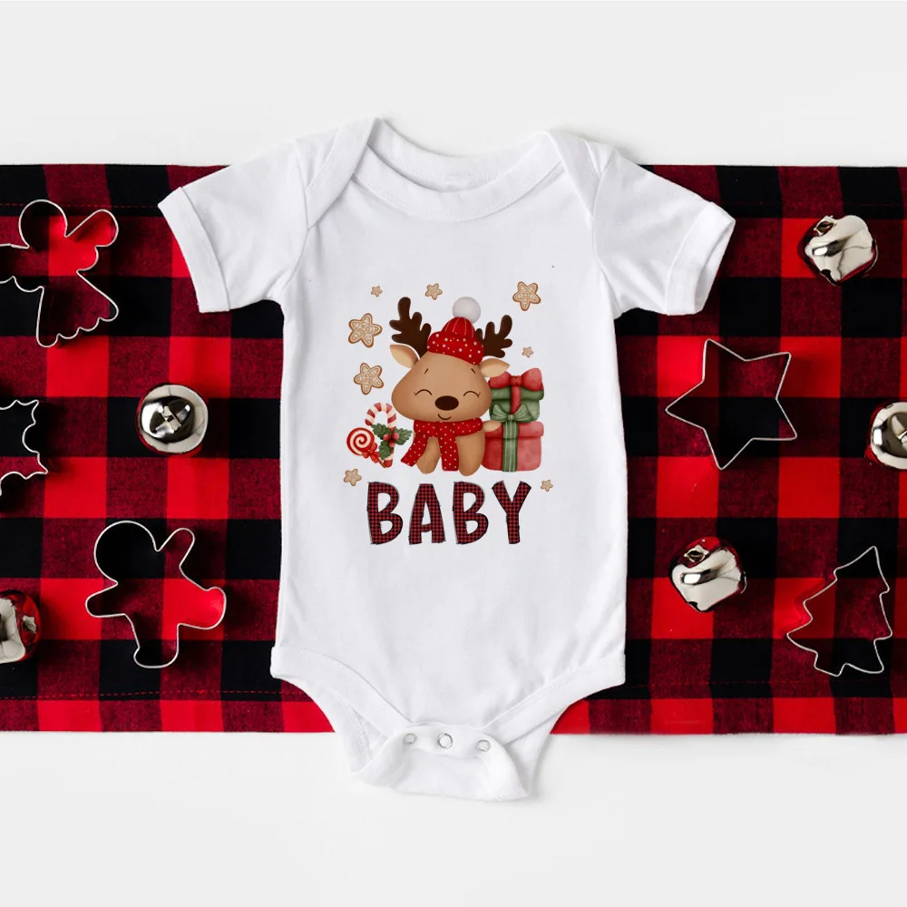 Deer Christmas Print Family Matching Xmas Clothes Mother Daughter Tshirt Mom Dad Girl Boy Holiday Party Look T-shirt Baby Romper