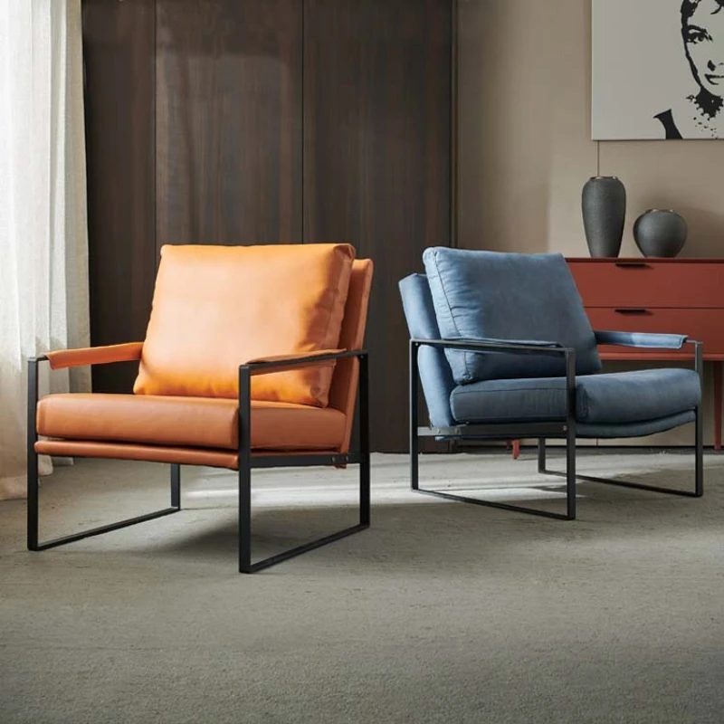 

Nordic designer casual single living room minimalist leather iron frame sofa chair balcony light luxury