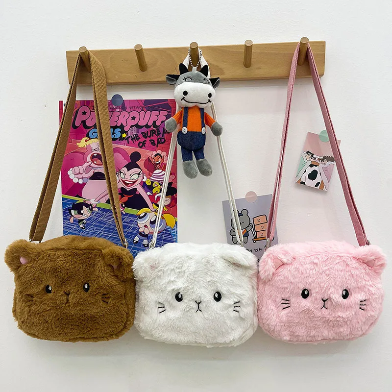 Plush Cartoon Children's Messenger Bag Cute Cat Lovely Kids Crossbody Handbags Zipper Little Girl Purse Gift For Child