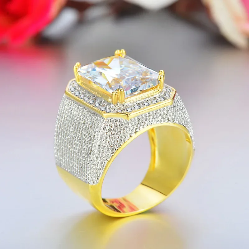 Fashion Rings Square Big Width Signet Rings 14K gold color man Finger Cubic Zirconia Big Stone Men Ring Jewelry anel New