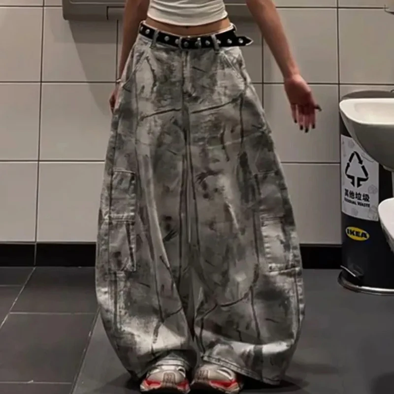Women Tie Dye Gothic Jeans American Vintage Street Casual Denim Pants High Waist Loose Lazy Wasteland Irregular Wide Leg Pants