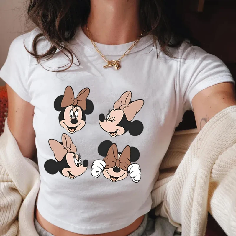 

Cute Minnie Mouse Print Short Sleeve Tee Crop Tops Harajuku Y2k Girls Summer Short Tops Minnie Mouse Bow Design Crop T Shirt