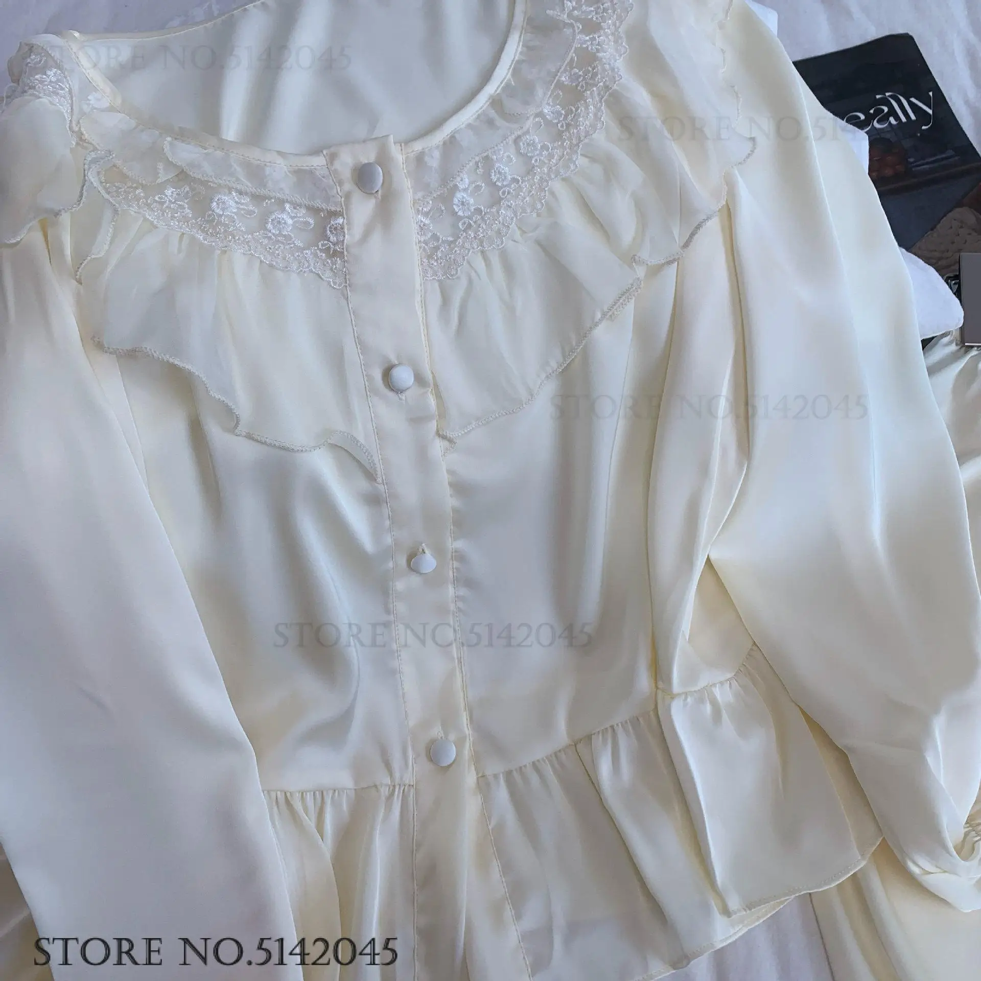 2PCS Pajamas Set Women\'s Sleepwear French Romantic Ruffled Lace Long Sleeve Trouser Suits Home Clothing Silk Satin Loungewear