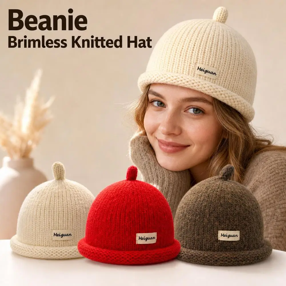 Turned up Brim Knitted Beanie Hat Women Winter Warm Woolly Cap Minimalist Style Fashion Accessory