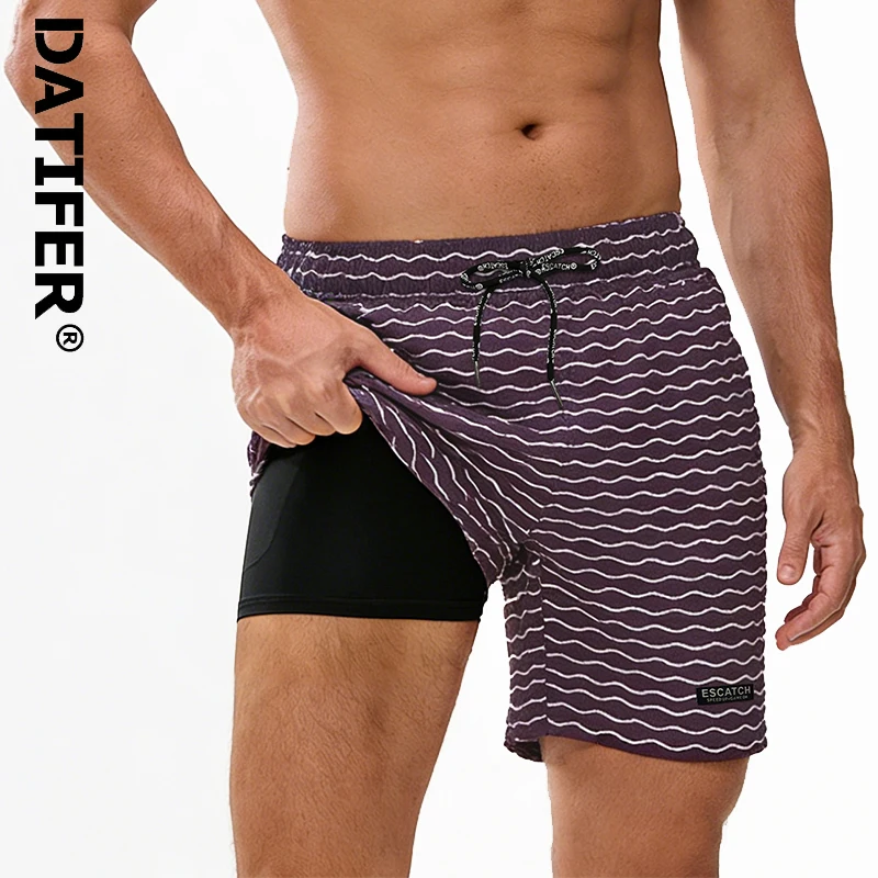 

DATIFER 2026 New Arrival Mens Shorts Beach Pants 2 in1 Classic Printing Elastic Waist Sport Traje De Baño Hombre Swimsuits