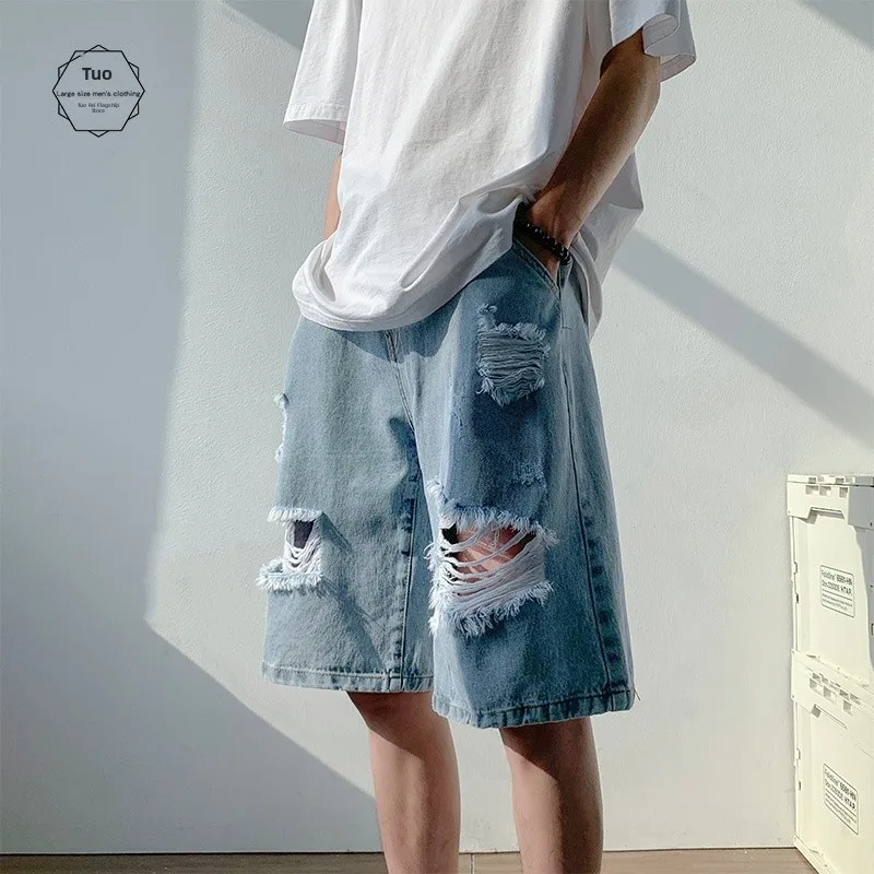 

Trendy American Style Men's Short Jeans Summer Loose Straight Cut Hole Design Five Parts Cotton Polyester Blend Shorts