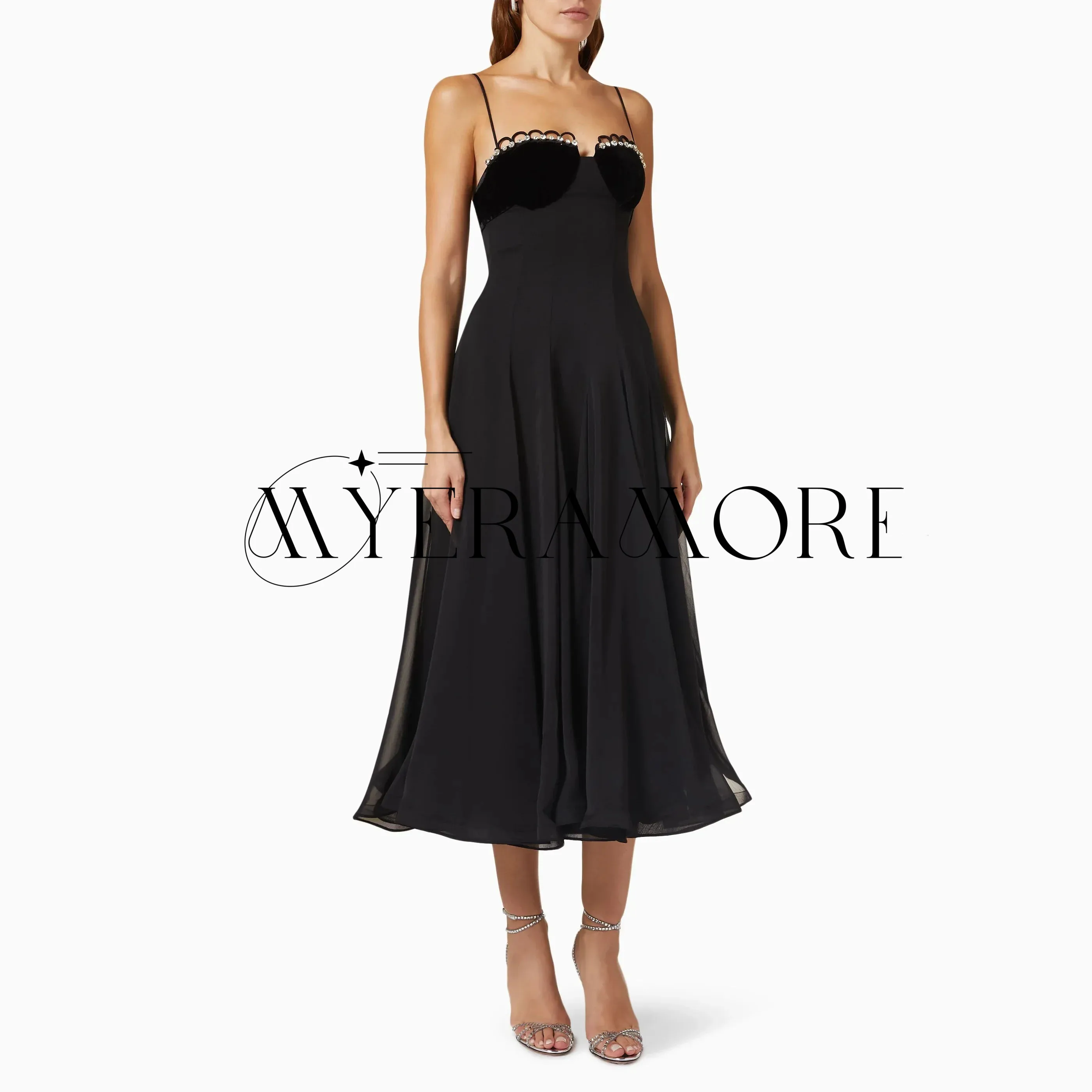 

Sexy Spaghetti-Straps Evening Dresses Black Beaded A-Line Tea-Lenght Pleat Party Prom Gowns Customized فساتين سهرة