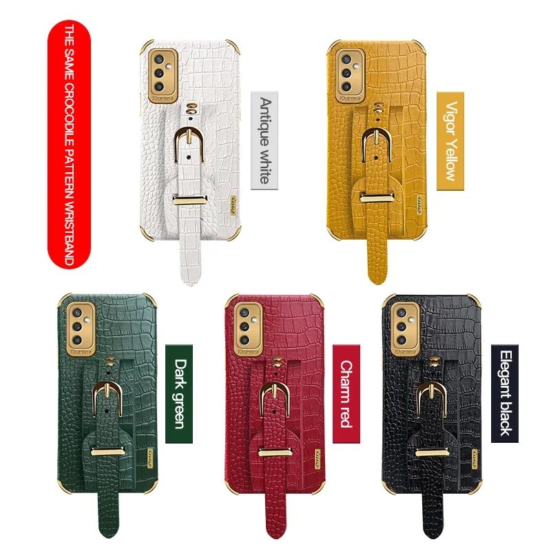 

For Samsung Galaxy M15 M52 M53 M54 M13 4G M14 5G Wristband Crocodile Leather Phone Case Wrist Strap Holder Stand Soft Cover Case