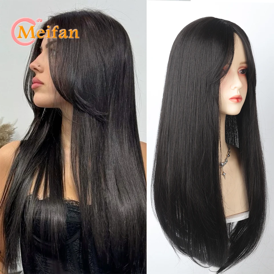 

60cm Long Straight Hair Toppers Thinning Hairpieces Synthetic Invisible Clip in Bangs Natural Topper with Side Bangs for Women