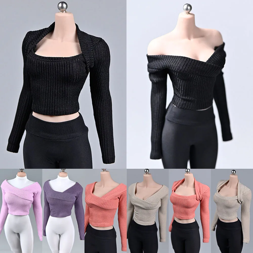 1/6 Female Sweater Sexy Irregular Off Shoulder Thick Stripe Knitted Pullover Slim Long Sleeve Jumper Fit 12