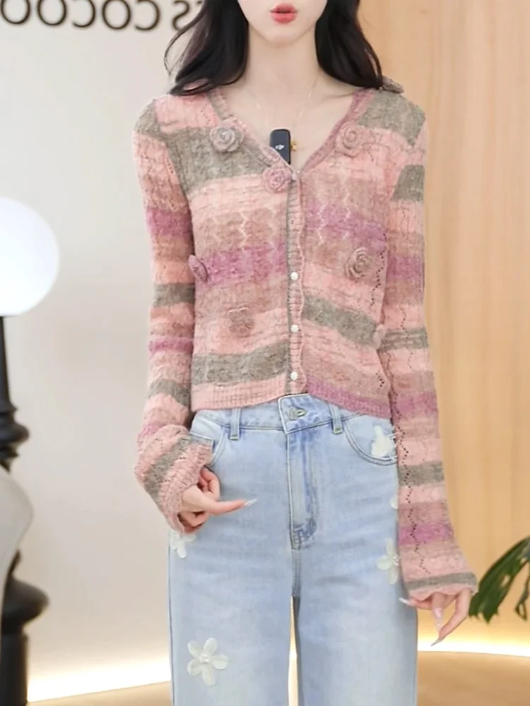 

Soft Girl Pink Striped Knitted Cardigan Autumn New plus Size Ele Versatile Anti-Aging Top Women Gentle Wind Sle Loose Fit