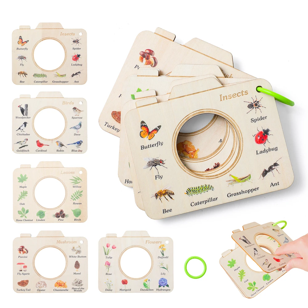 Wooden Camera Shape Nature Cognitive Book for Kids Portable Outdoor Learning Toy 5 Themes Insects Birds Flowers STEM Observation