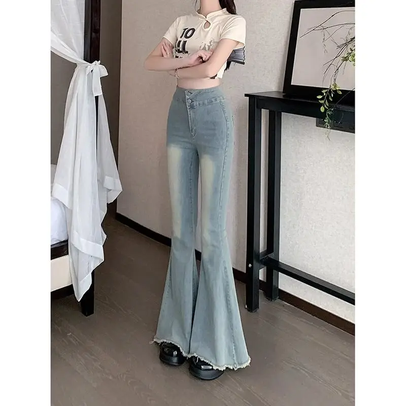 

High Street Washed Raw Edge Large Flared Jeans for Women Summer New High Waist Wide Leg Fishtail Trousers