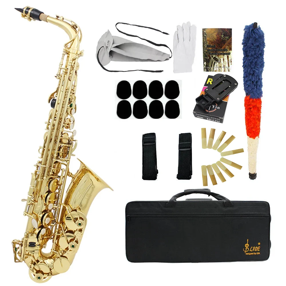 SLADE Eb Alto Saxophone Gold E Flat  Brass Body Carved White Shell Button Sax with Case Strap Gloves Cleaning Cloth Reeds Parts