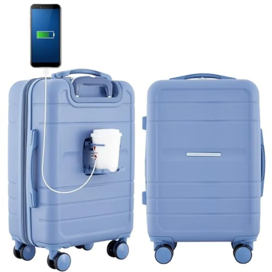 

French Connection St. Martin Carry-On Luggage with Cup Holder and USB Ports in Stormy Blue for Travel Use Durable Polycarbonate