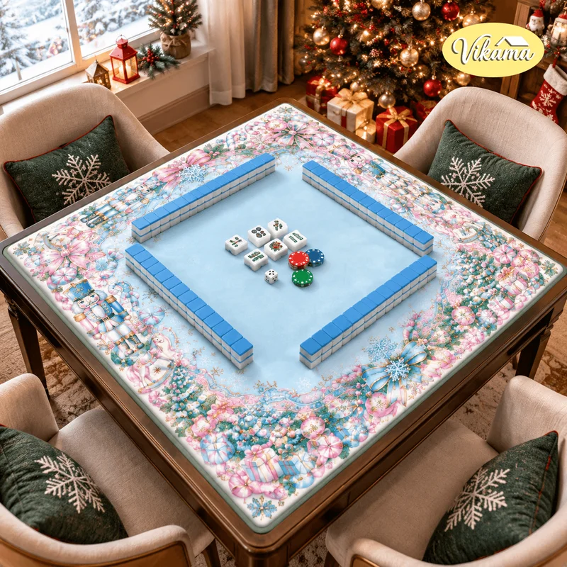 VIKAMA Poinsettia Flower Christmas Mahjong Mat Blue Pink Xmas Game Cover Nutcracker Tree Snowflake Square 4 Player Family Game