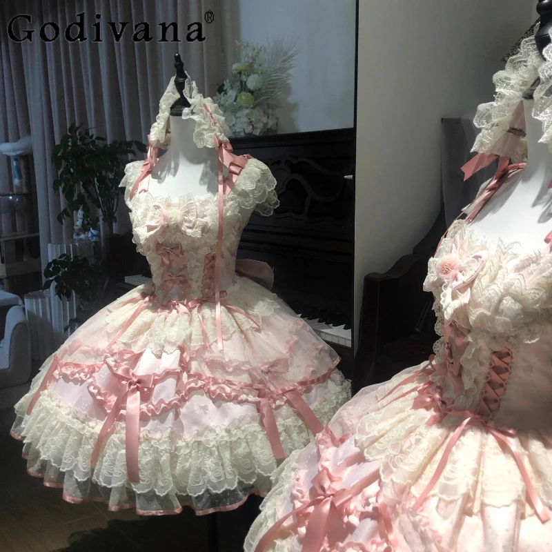 

Original Pink Lolita Dress for Women Girls Sweet Elegant Bow Lace Suspenders Dress JSK Princess Birthday Dress Vestidos De Mujer