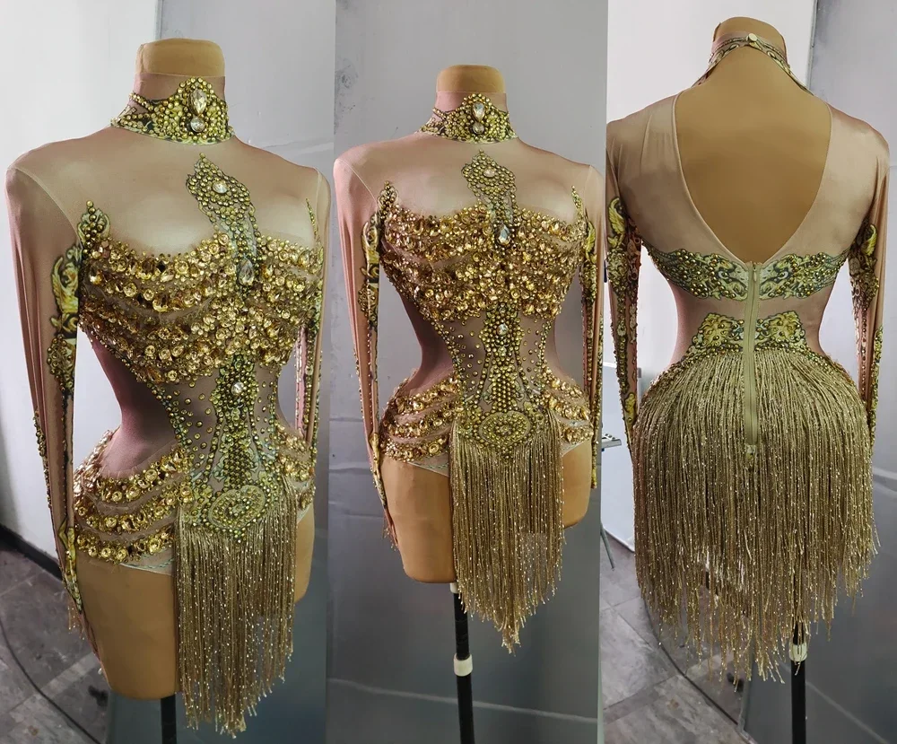 Sparkly Gold Crystals Party Leotard Women Rhinestones Performance Dance Costume Stage Wear Club Outfit Sexy Tassel Bodysuit