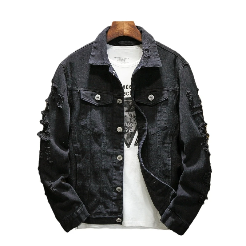 New Fall Men's Denim Jacket, Casual Japanese Style Flat Collar Single-Breasted Ripped Cardigan, Oversized Couples Outerwear