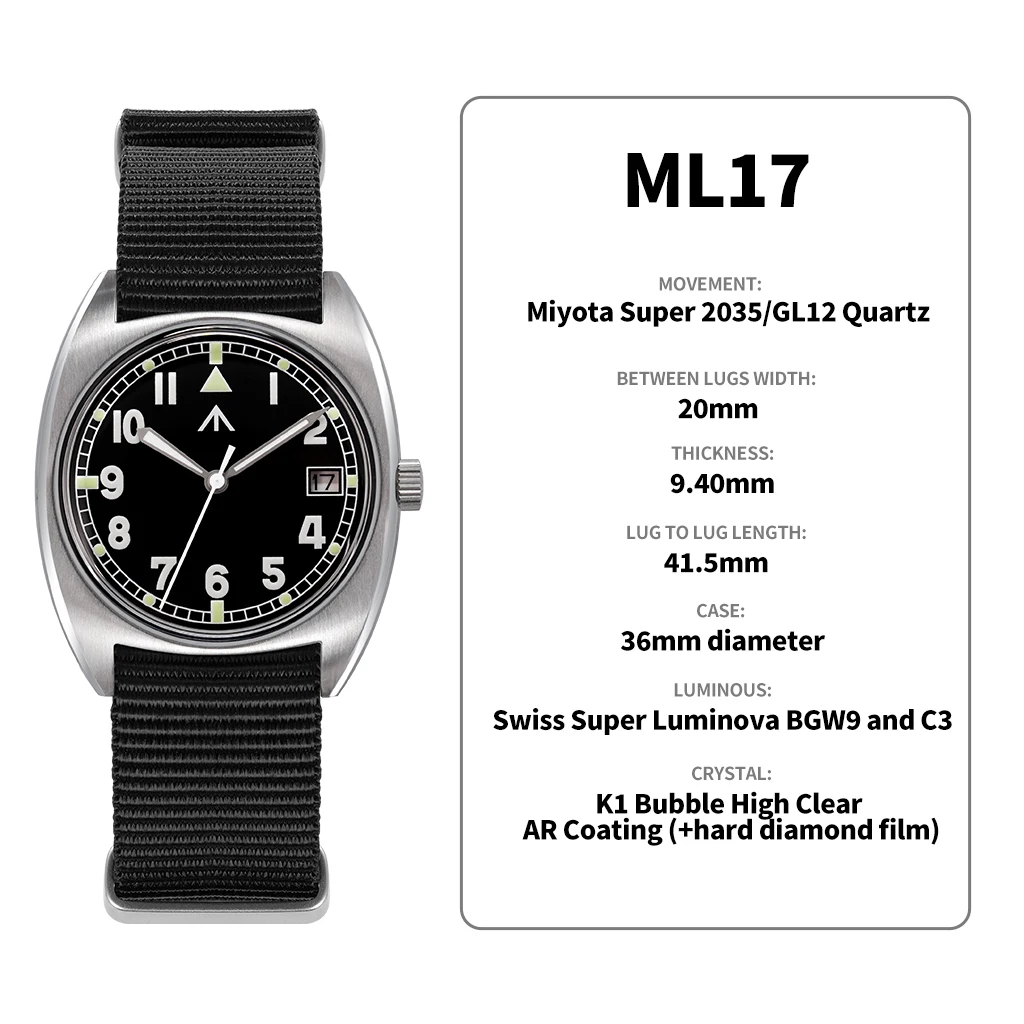 Militado ML17 Watch Miyota Super 2035/ GL12 Quartz Movement Watch C3 And BGW9 Luminova 100m Waterproof Stainless Steel Watches