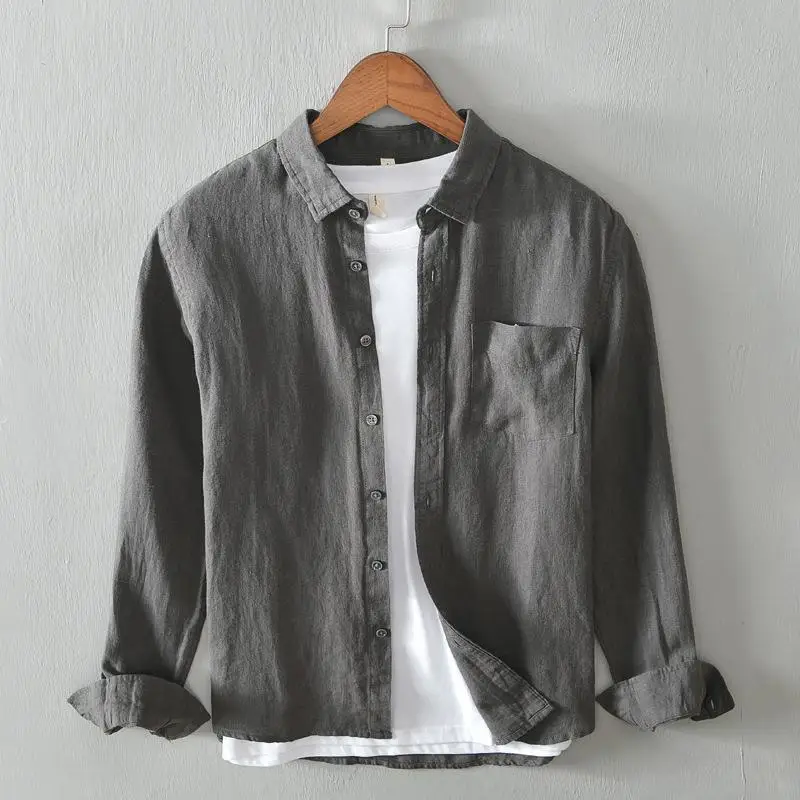 

Trendy Men's Linen Long Shirt Jacket Pocket Detail Iron-Free Treatment Summer Casual Slim Fit Long Sleeve Color