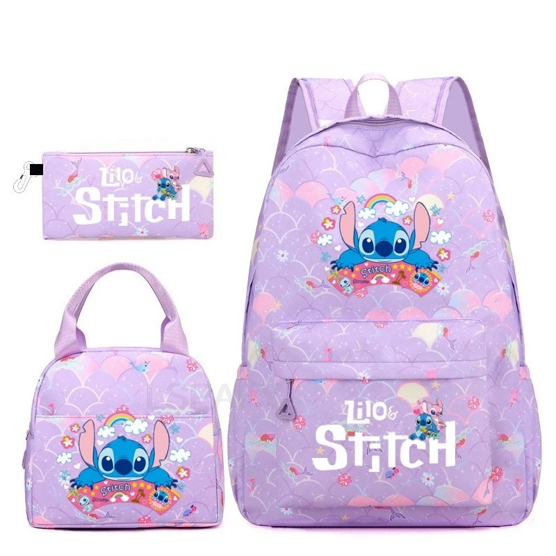 Sac à dos de poche Disney Lilo Stitch avec sac à déjeuner et trousse à crayons, sacs d'école décontractés pour femmes, étudiantes et adolescentes