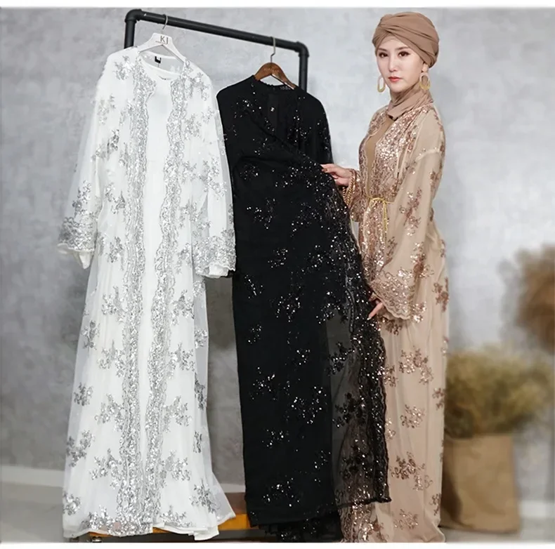 Eid Sequins Abaya Dubai Kimono Open Kaftan Muslim Dress Women Cardigan Arab Robe Ramadan Islam Clothing Kebaya Party Gown Caftan