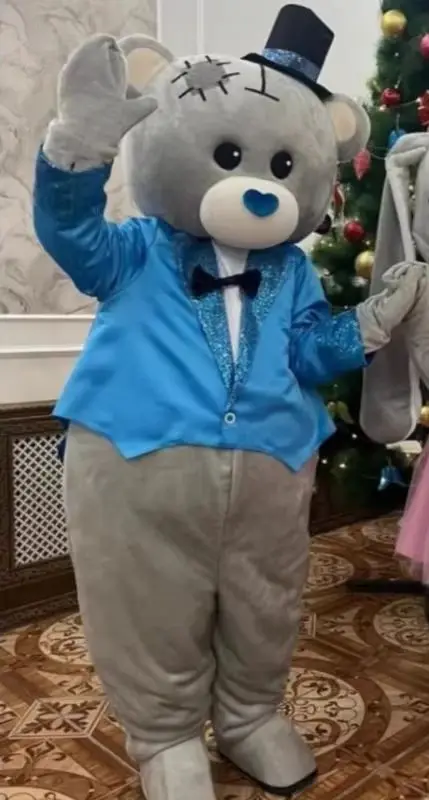

Cute Grey Easter Rabbit and Bear Mascot Costume Hare with Pink Dress Blue Tailcoat Halloween Christmas Dress Full Body Suits