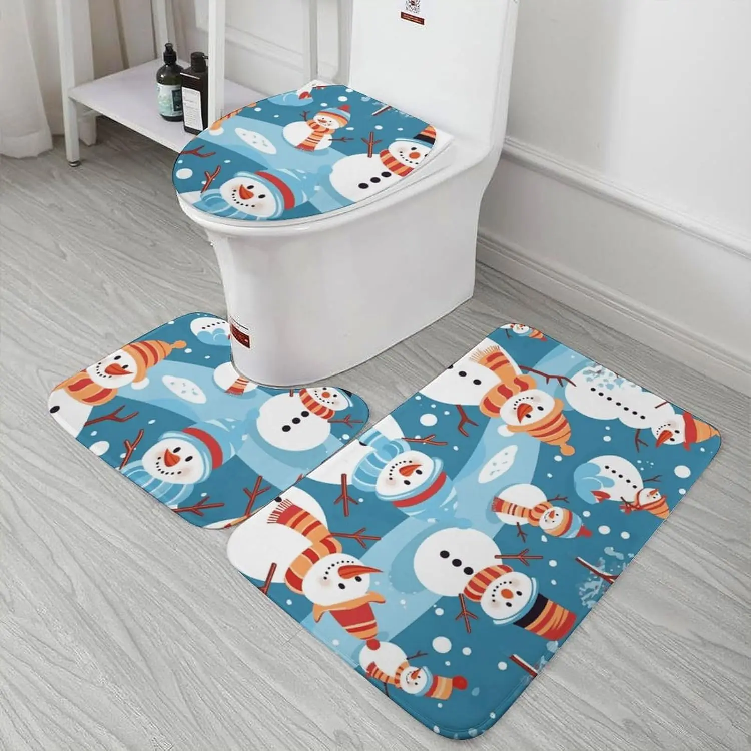 3 Piece Bath Rug Set Non Slip Absorbent Bath Mat Contour Mat with Toilet Lid Cover Snowman Soft Floor Mats for Bathroom Kitchen