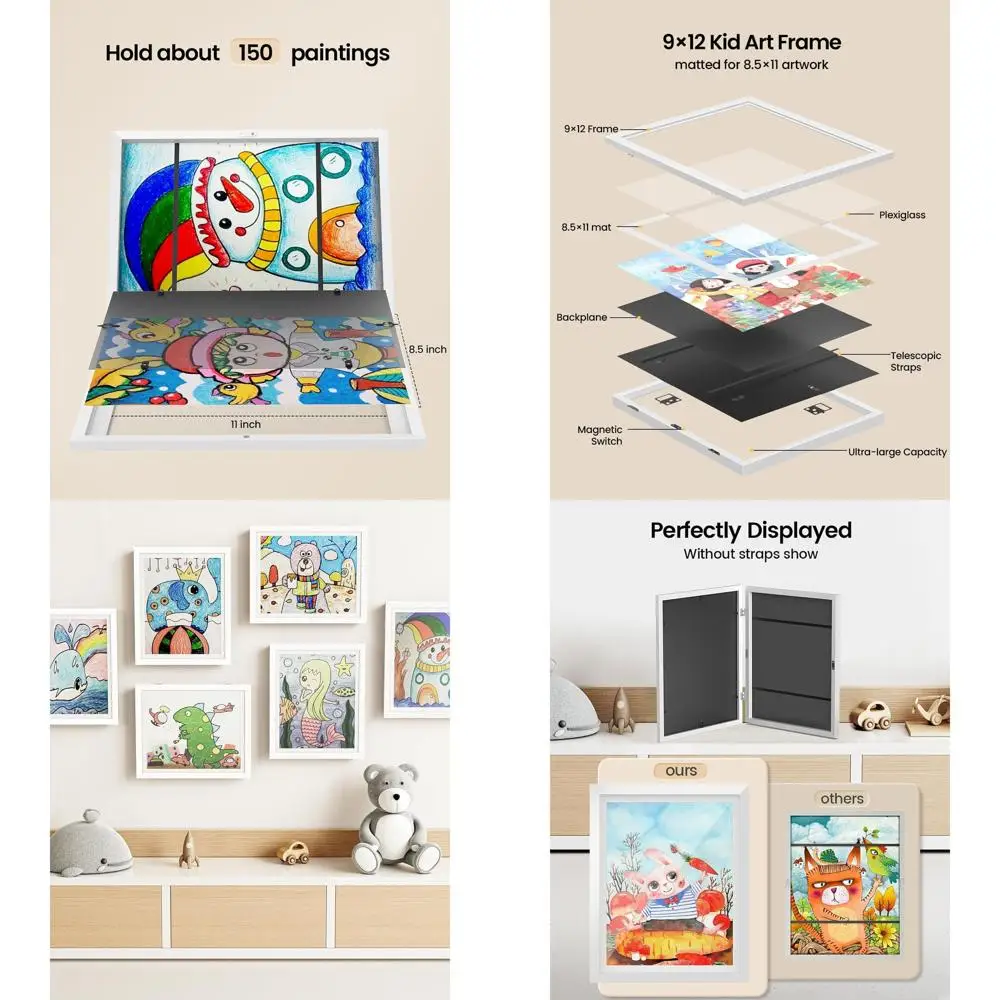 

Детские рамки для художественных дисплеев — 4 комплекта, 8,5x11 с ковриком или 9x12, вмещает 150 художественных работ и 3D-поделки.