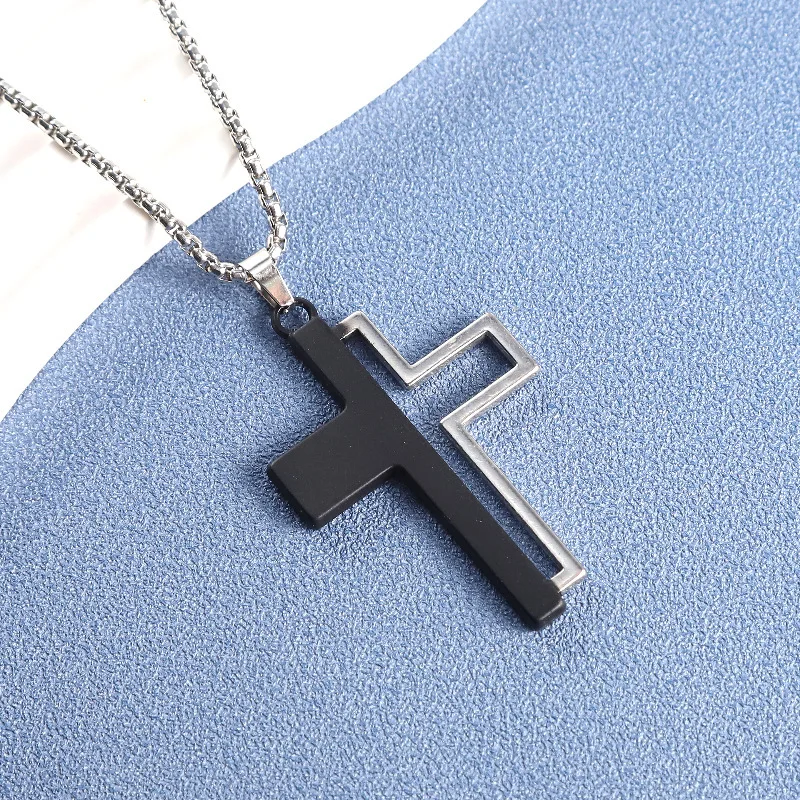 Black White Concave Convex Cross Pendant Hip-hop Men's Personality Simple Women's Necklace Sweater Chain Jewelry Accessories