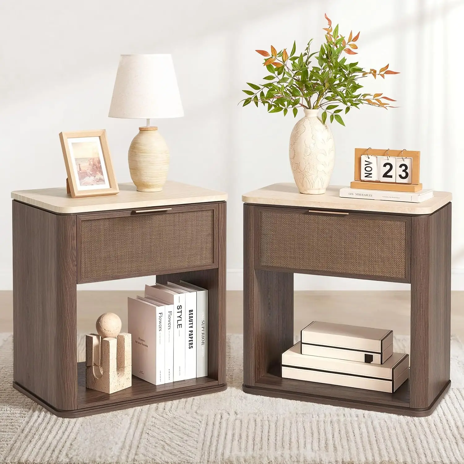Rattan Nightstand Set of 2 with Drawer & Open Shelf, 23.11